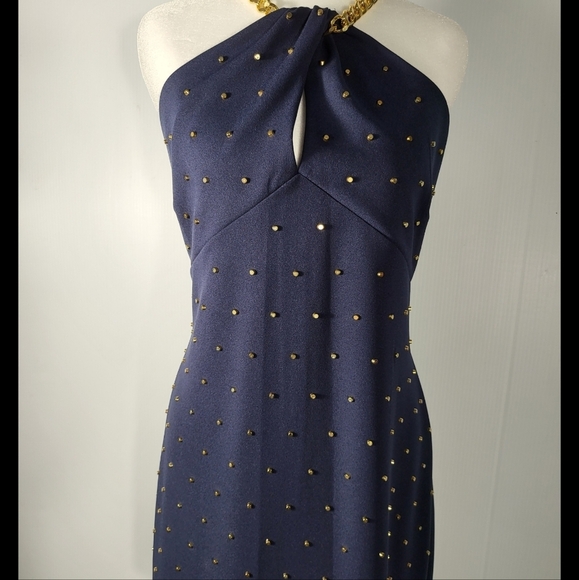 Michael Kors Stud Chain- Neck Mini Dress Navy Dress with Gold Studs - Picture 10 of 10